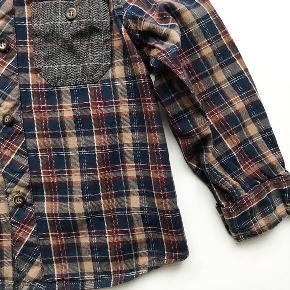 Mothercare brown/navy plaid button up shirt EUC 2-3T - Picture 3 of 5
